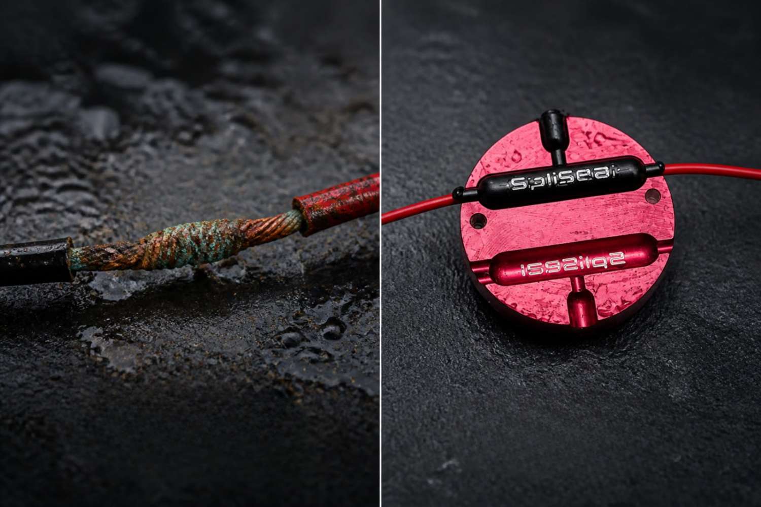 Before and after: a corroded old-way splice on the left, the same wire sealed in the red SpliSeal mold on the right