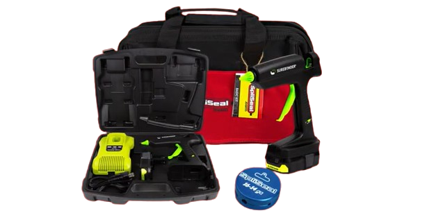 The real SpliSeal Basic Kit laid out: canvas bag, 80W glue gun, tool case and a blue mold