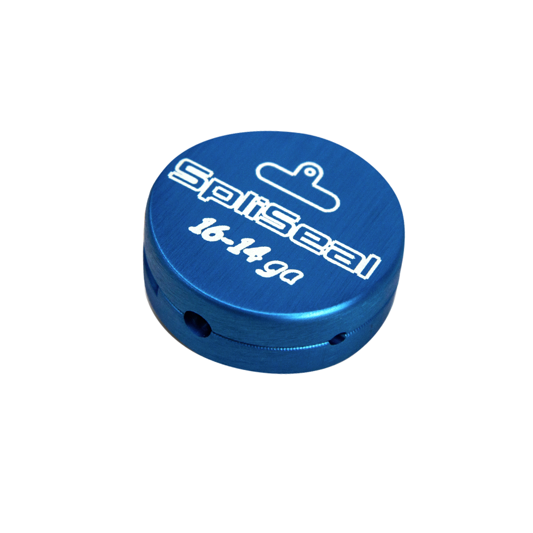 Blue billet-aluminum SpliSeal mold, 16–14 gauge