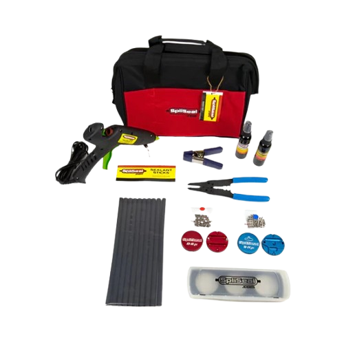 The real SpliSeal Basic Kit laid out: canvas bag, 80W glue gun, tool case and a blue mold